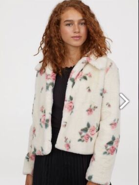 H&M Cream Faux-Fur Jacket with Pink Floral Print